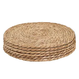 6pcs/set Hand-Woven Round Placemats, Boho Rattan & Water Hyacinth, Farmhouse Weave, Rustic Braided Wicker, Heat-Resistant Table Mats