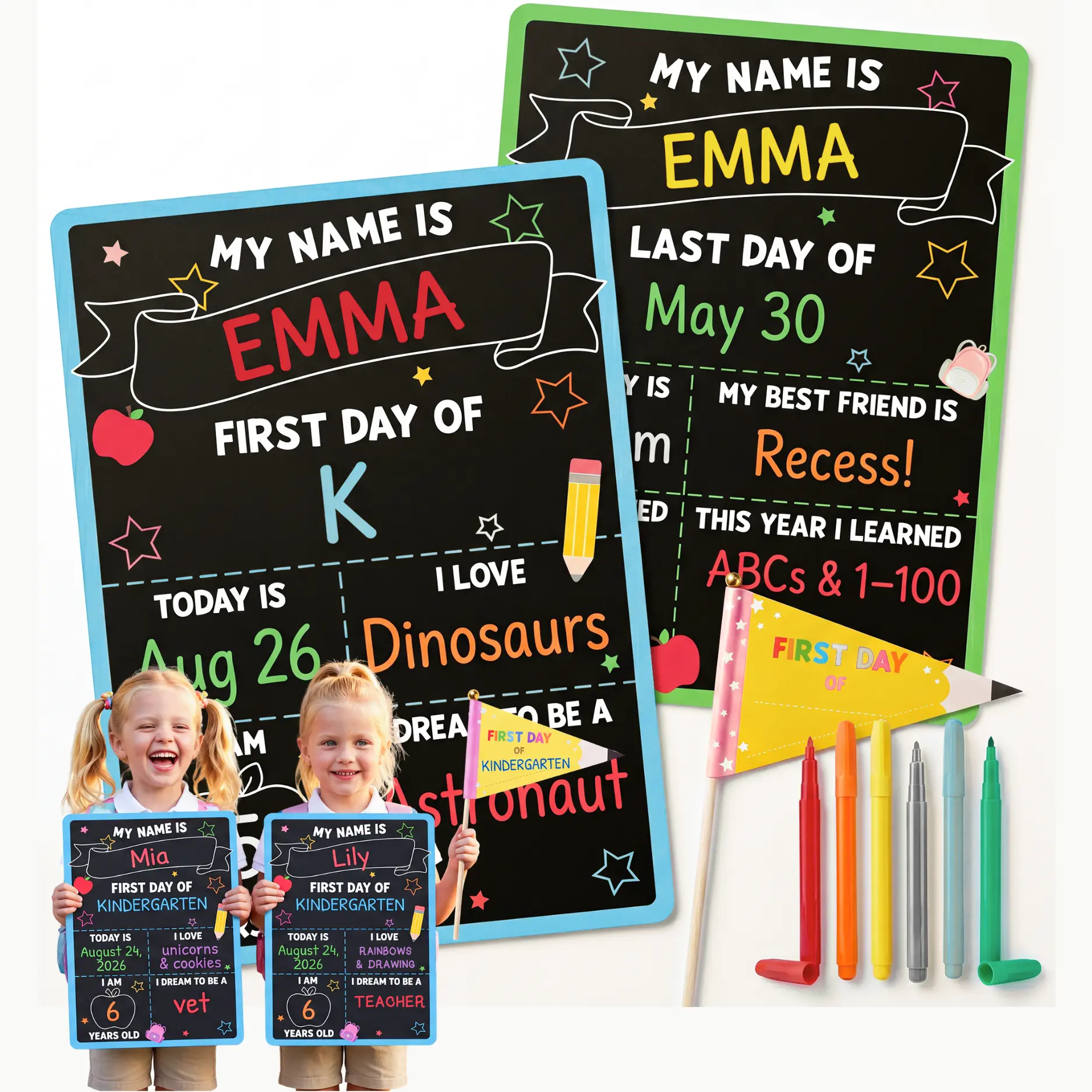First Day of School Sign 10x14 Reusable Chalkboard, Double Sided First & Last Day School Board with Markers & Pencil Pennant