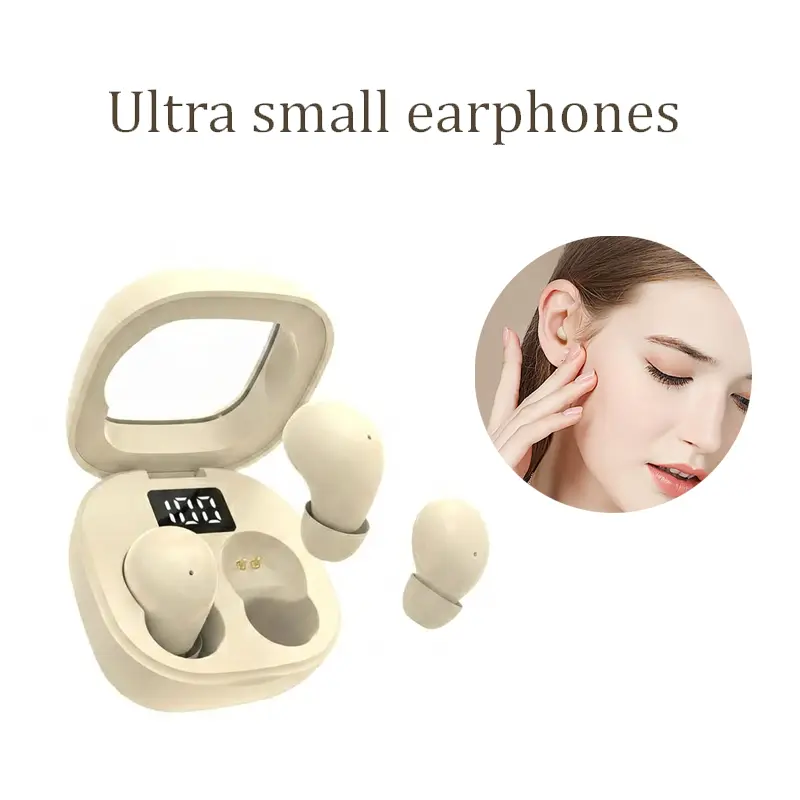 ANC Wireless Earbuds with Digital Power Display, Invisible Bluetooth Sleep Headphones with Charging Case, Ultra-Compact TWS Noise Canceling Earphones for Sleeping and Daily Relaxation, Beige