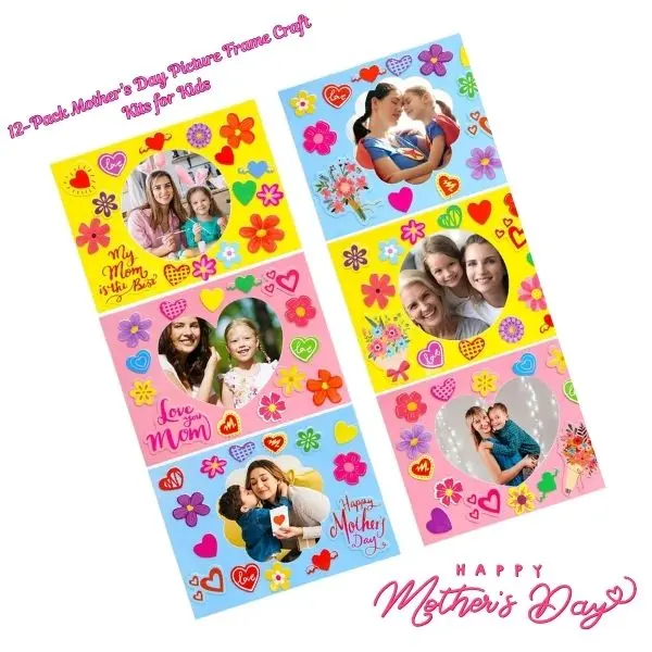 12-Pack Mother's Day Picture Frame Craft Kits for Kids – DIY Foam Photo Frames with Heart & Flower Stickers, Classroom Activities, Spring Party Crafts, Gifts for Mom