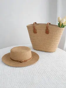 Elegant Beach Hat & Straw Tote Set, Fashionable Large Capacity Shoulder Bag, PU Strap Decor, Perfect for Travel, Outdoor, Gifts