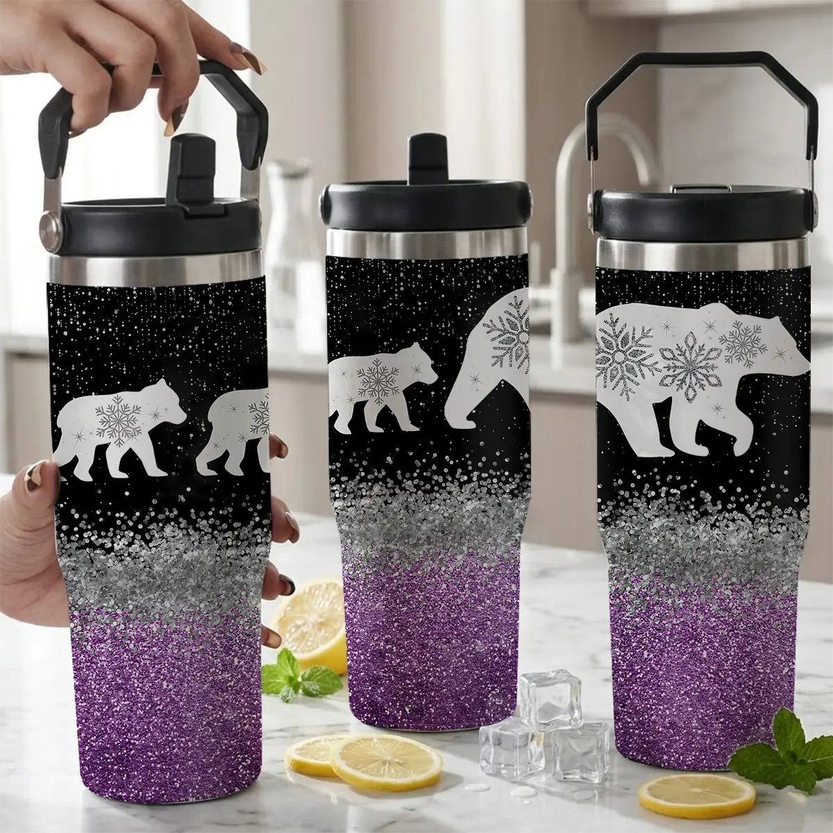 Mama Bear with Cubs Portable 304 Stainless Skinny Shape Water Bottle, Purple Silver Glitter Snowflake Insulated Airtight Coffee Tumbler with Lid and Straw, Travel Mug for Mom Women Birthday Christmas Gifts
