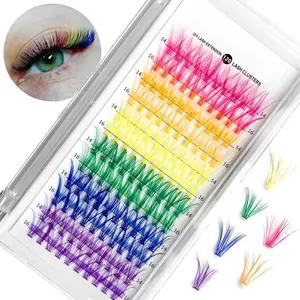 Colored Lash Extension Kit 120 Pcs DIY Lash Clusters Individual 14mm 16mm Mixed 6 Colors Soft False D Curl Eyelashes Rainbow Colorful Cluster Lashes Reusable Fluffy Lash for Women Girls