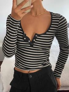 women's striped print button front scoop neck crop tee, casual long sleeve t-shirt for spring & fall, women's top for daily wear