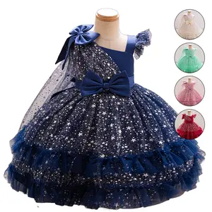 Girls Cap Sleeves Star Print Tulle Dress Two-Tier Ruffle Hem With Bow & Capelet For Wedding Party Graduation