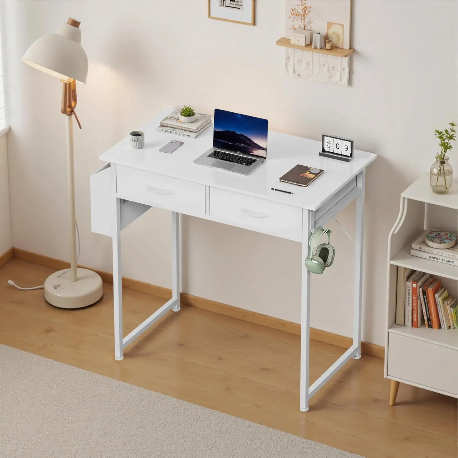 32-inch compact computer desk with storage drawers, side organizer bag, headphone hook, sturdy metal frame, and adjustable legs — home office/bedroom study writing workstation table