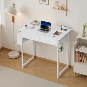 32-inch small computer desk with storage drawers, side organizer bag and headphone hook, sturdy metal frame with adjustable feet, compact study writing table for home office or bedroom woodworking workstation