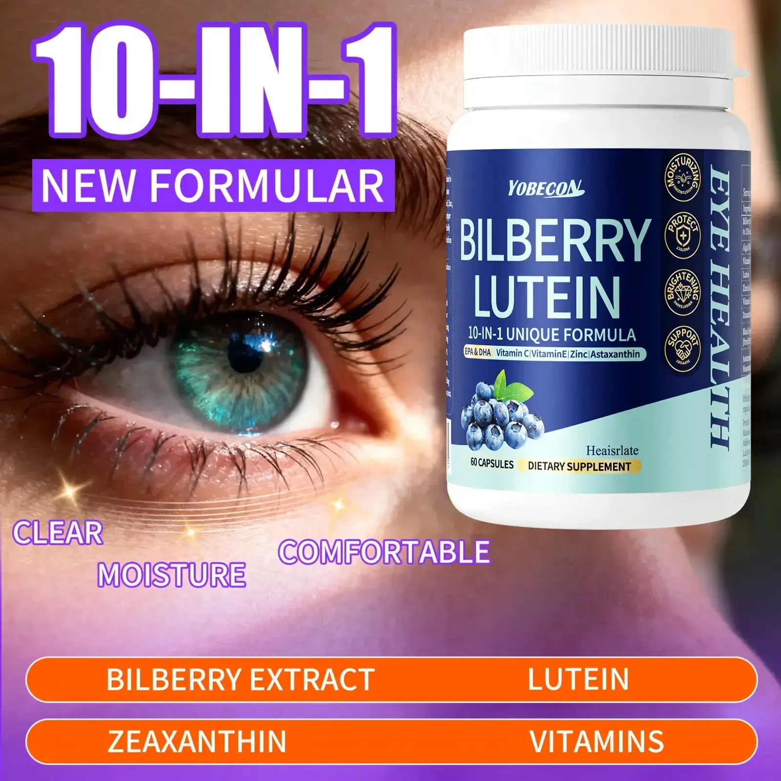 10-in-1 Bilberry Lutein Eye Health Dietary Supplement, 1150mg Vision Improving Vitamins Supplement with Astaxanthin, Blue Light Protection for Adults