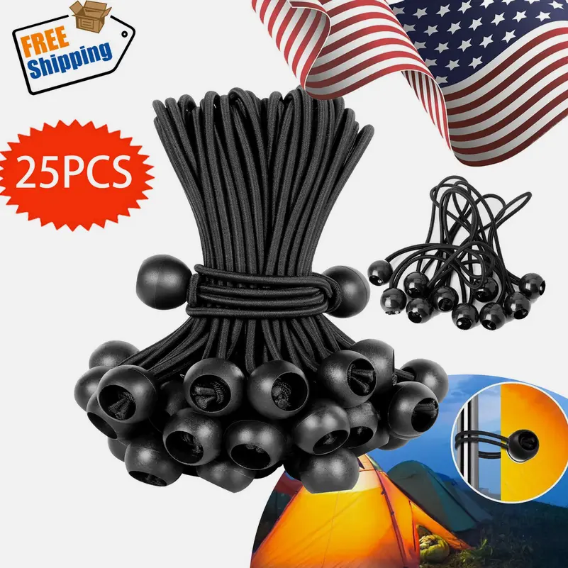 SJPACK 9" Black Ball Bungee Bungie Cords Set of 25Pcs for Camping and Outdoor Activities, Ideal for Tarp and Canopy Support Rope Heavy Duty