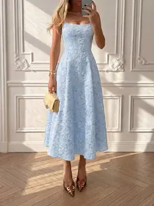 Floreya Summer Elegant Solid Color French Style High-End Graceful Waist Decorated Slim Fit Sling Midi Dress, Blue Party