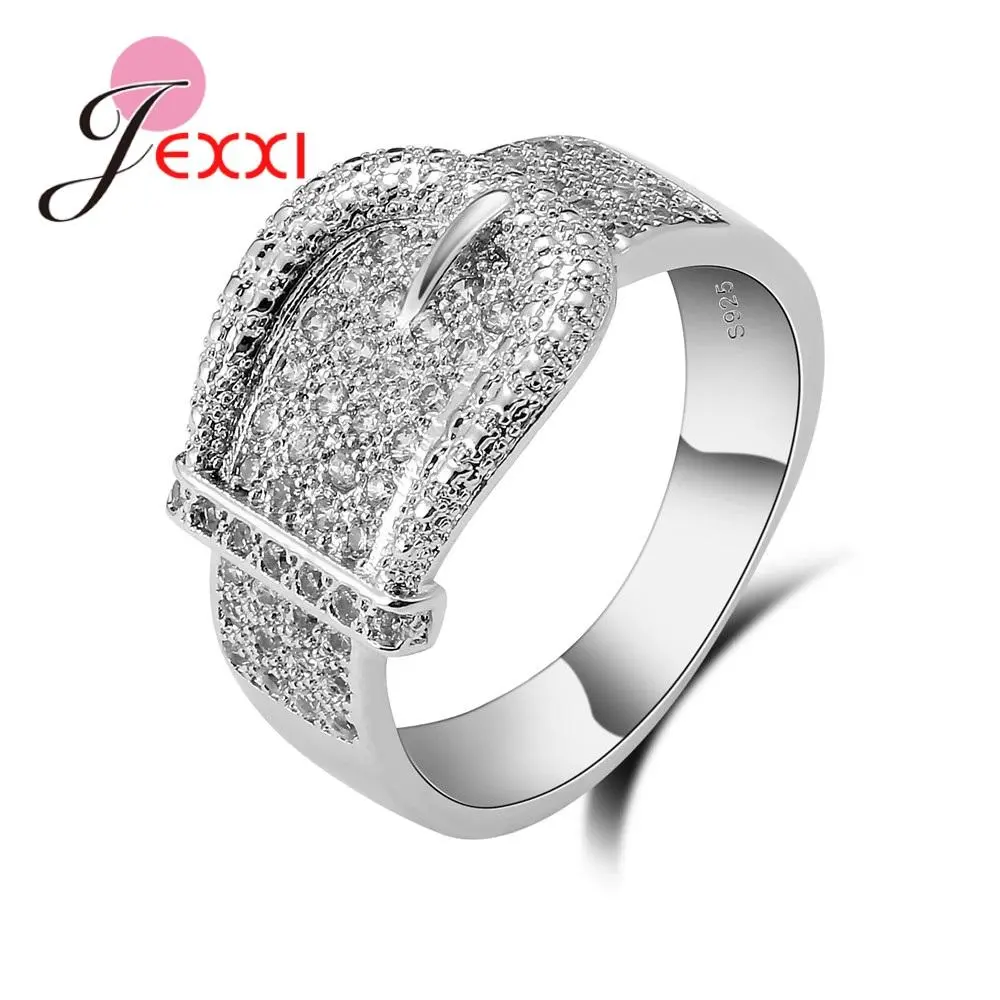 Trendy 925 Sterling Silver Women's Crystal Rings With Stones Belt Buckle Design Fashion Jewelry