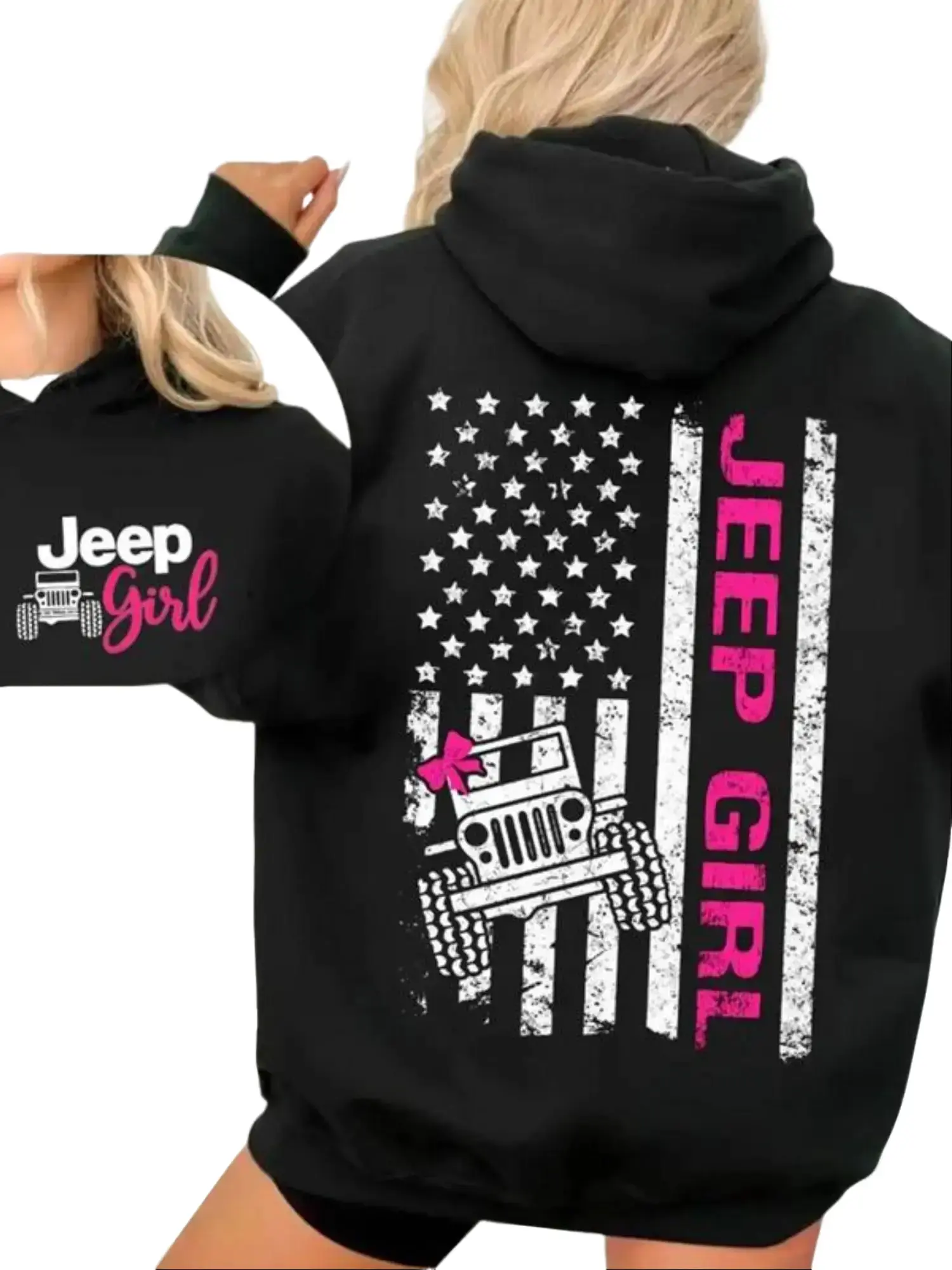 Women's Cute Jeep Graphic Hoodie, American Flag Graphic Hoodie Art, Cozy Fleece Off-Road Pride Pullover, Unisex Casual Street Style Black Everyday Top, Hood Neckline, Relaxed Fit, Cotton Blend, Graphic Print, Hooded Neck