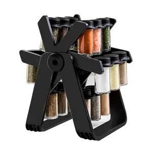 A rotating glass seasoning rack in the shape of a Ferris wheel with 18 seasoning bottles.