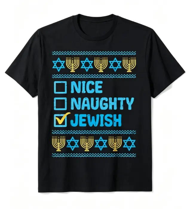 Nice Naughty Jewish Checkbox Star Of David Menorah Jewish Culture Graphic Short Sleeve T-Shirt, Unisex Summer Vacation Cultural Pride Casual Tops, 100% Pure Cotton Printed Craft Summervibes Tee, Soft Breathable Relaxed Fit everyday outfits