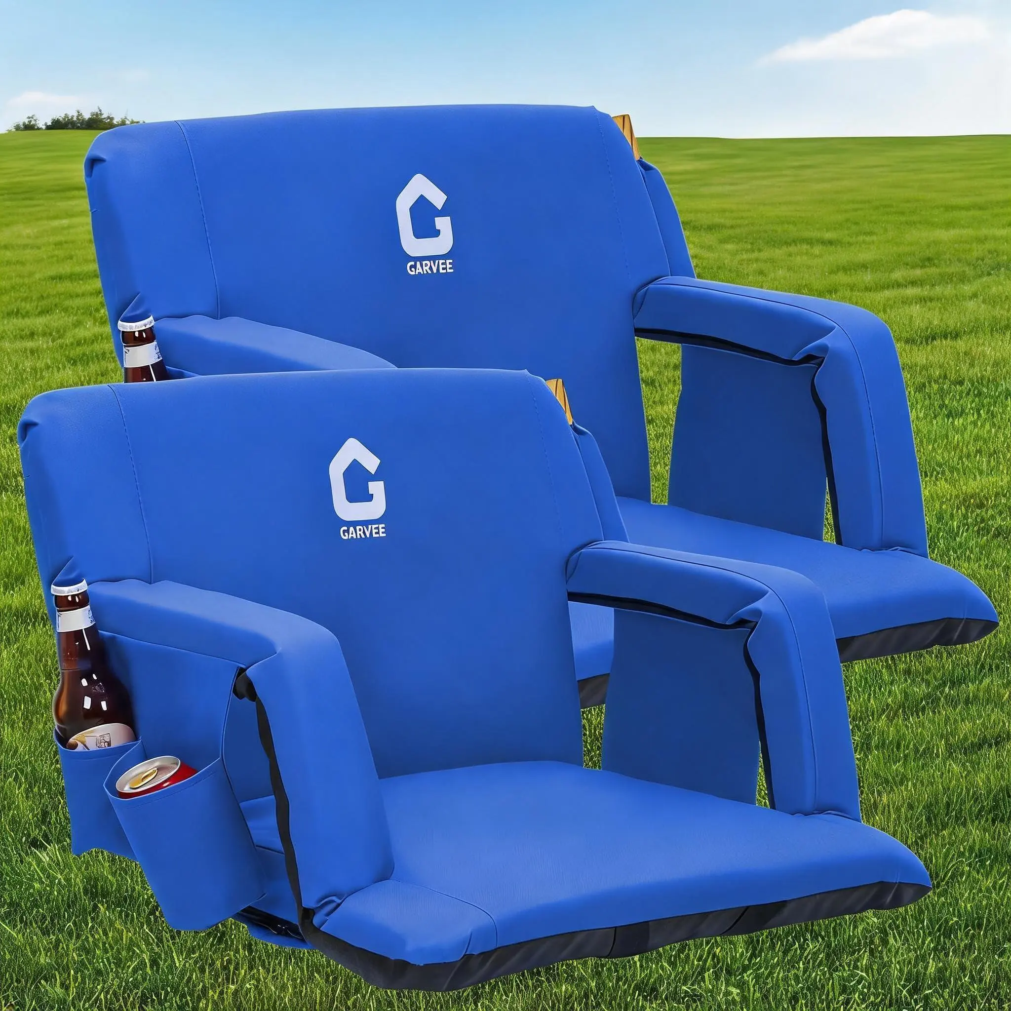 Garvee Stadium Extra Wide Seat, 6-Position Reclining, Cup Holders, Folding，blue |