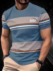 Men's Summer 3D Print Round Neck T-Shirt, Digital Stripe Geometric Pattern, Casual Comfortable Short Sleeve Top, Polyester Knit Fabric