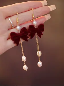 Elegant Bow Pearl Dangle Earrings for Women, Korean Fashion Long Drop Chain, Vintage French Style Jewelry, Romantic Party Date Accessory