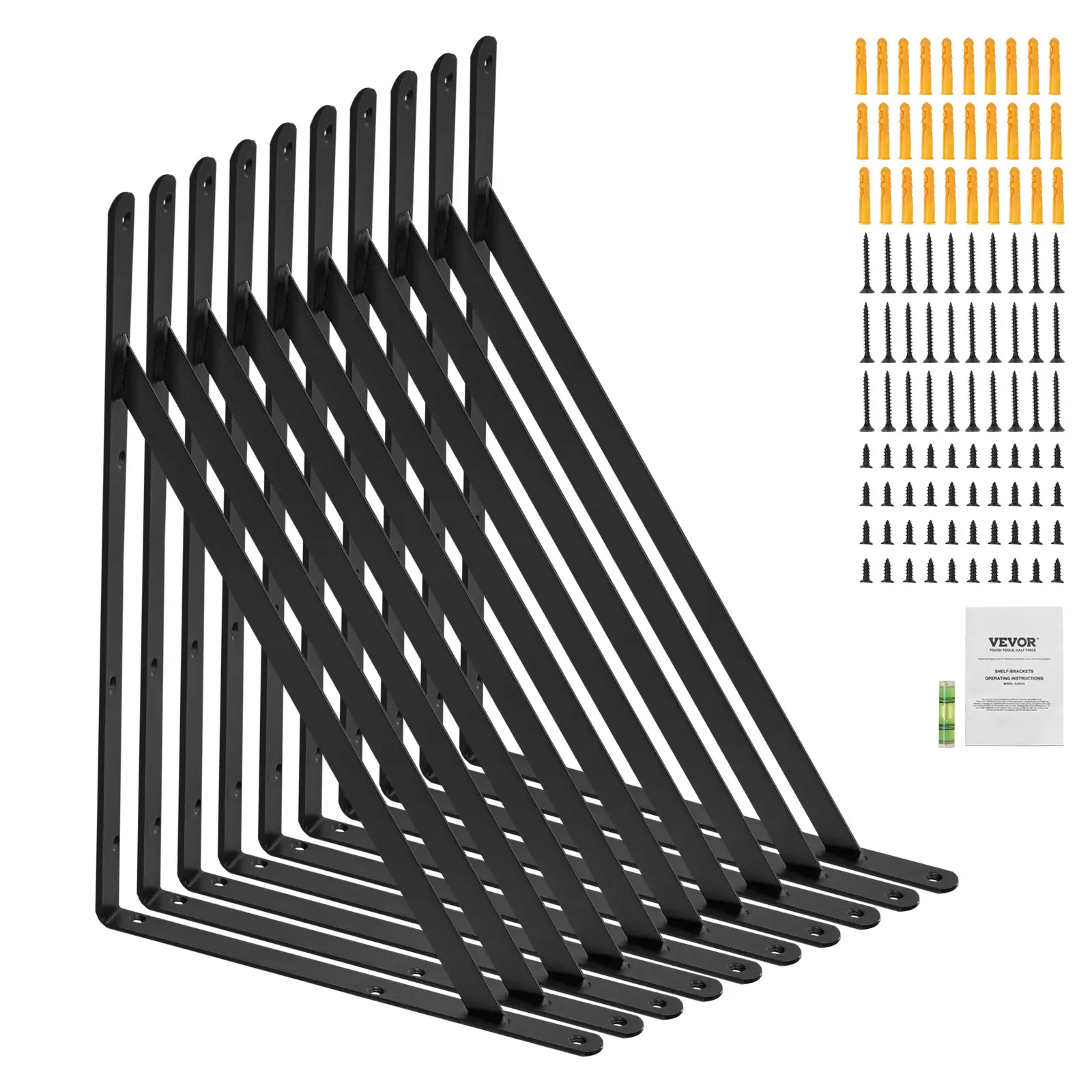 VEVOR Heavy Duty Floating Shelf Brackets (10 Pcs, 12x8 in), 3mm Thick Matte Black Steel Triangle Brackets, 160 lbs Load Capacity, Wall Mount Compatible for Wall Shelf Unit, Home Organization, Home Supplies