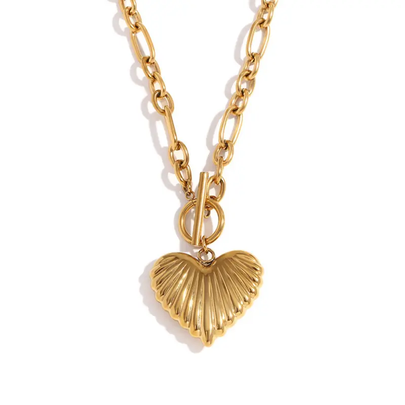 18K Gold-Tone Chunky Puffy Heart Necklace, Stainless Steel Paperclip Chain with Toggle Clasp, Statement Costume Fashion Accessory Necklaces