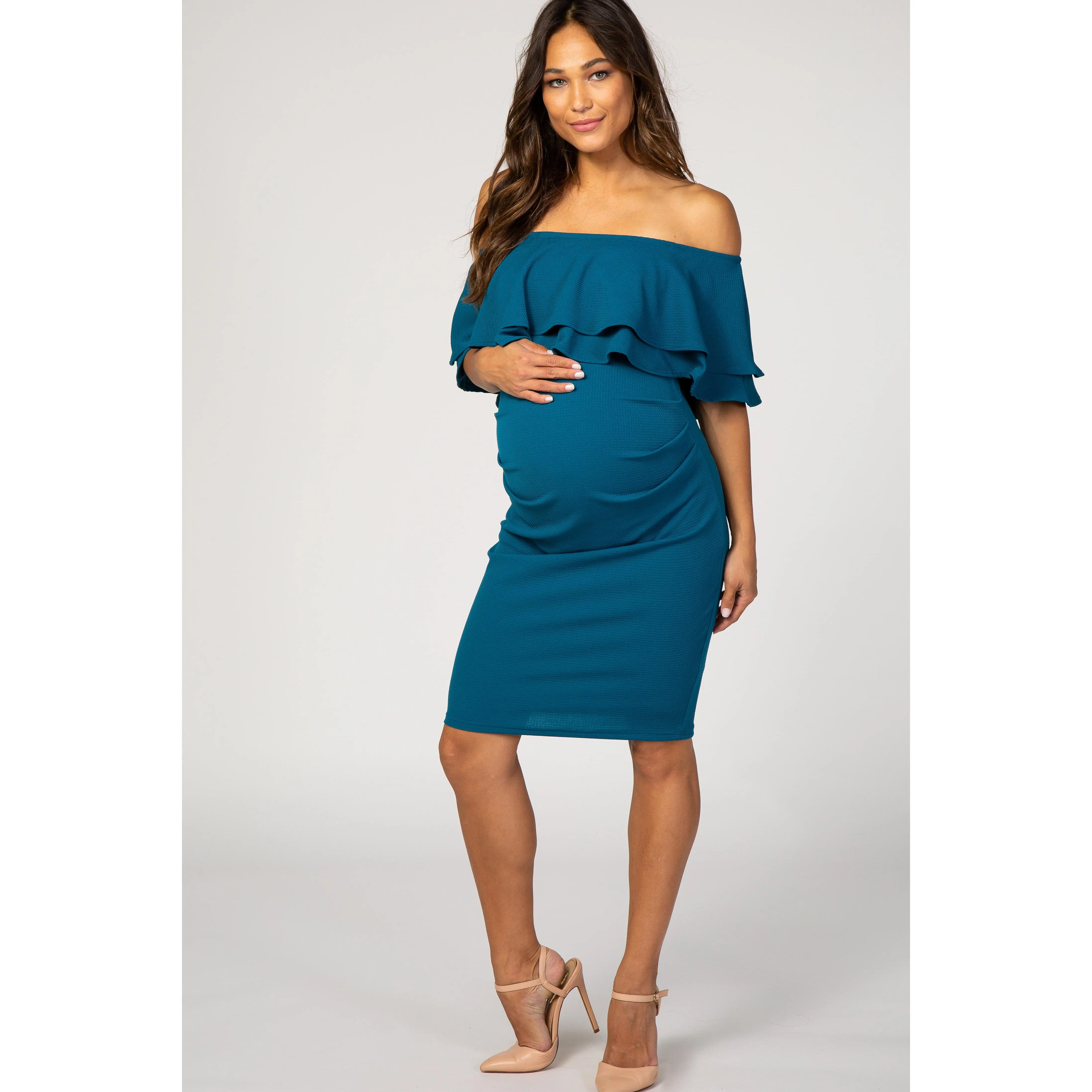 PinkBlush Teal Ruffle Off Shoulder Ruched Maternity Dress
