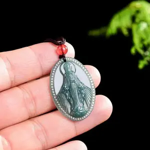Unisex Natural Ice Jade Our Lady Pendant Necklace – Smooth Translucent Carved Jade Jewelry for Daily Wear & Gifting