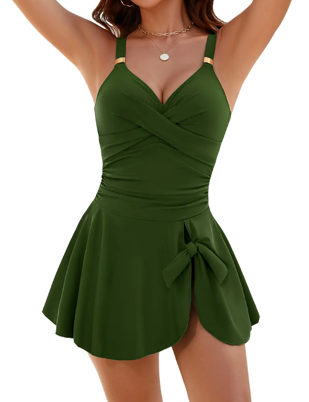 LNALIKA Womens Tummy Control Swimwear One Piece Skirted Swimsuit V Neck Adjustable Shoulder Straps Swimming Dress