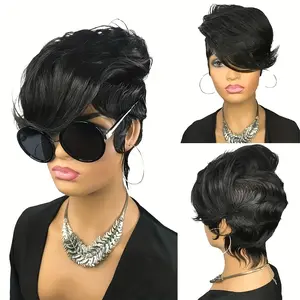 2025 NEW Wholesale Festive Ready, Chic Pixie Cut Wig with Bangs for Women - 150% Density Deep Wave Human Hair, Glueless No-Lace Front, Natural Black - Perfect for Christmas, Thanksgiving, Halloween & Everyday Elegance