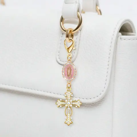 Christian Charm Keychain With Religious Cross,Pearl And Diamonds Talisman - Cross Keychain,Bag Charm,Charms For Bags,Cross Pendant,Decorative Wallet Backpack Accessories, Earphone Bag Accessories, Ring Buckle Decorative Keychain For Luggage And Cars
