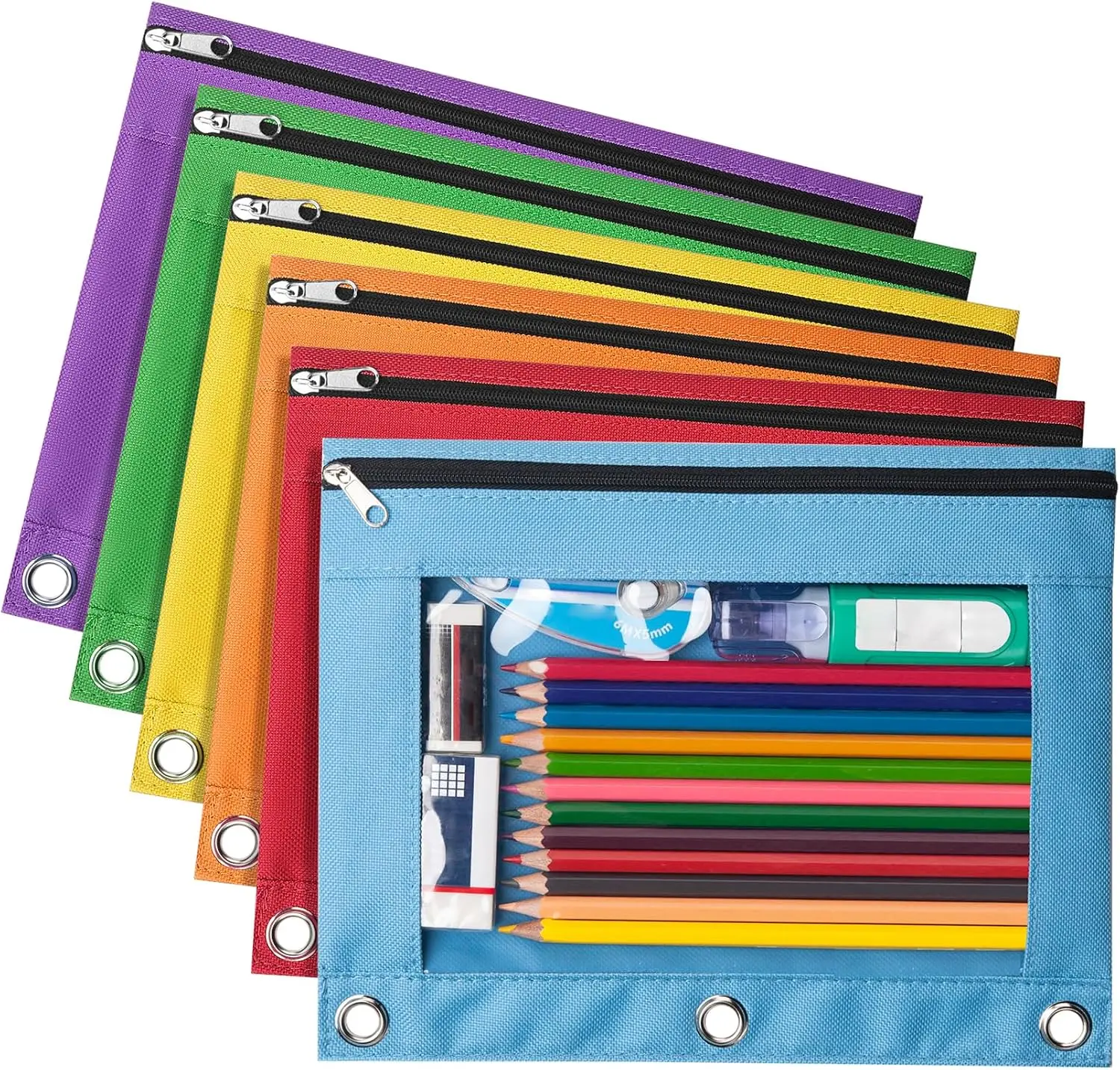 6 Pack 3 Ring Binder Pencil Pouches with Zipper, Waterproof Pencil Case Set with Clear Window & Reinforced Grommets, Binder Pen Bags for School, Office & College