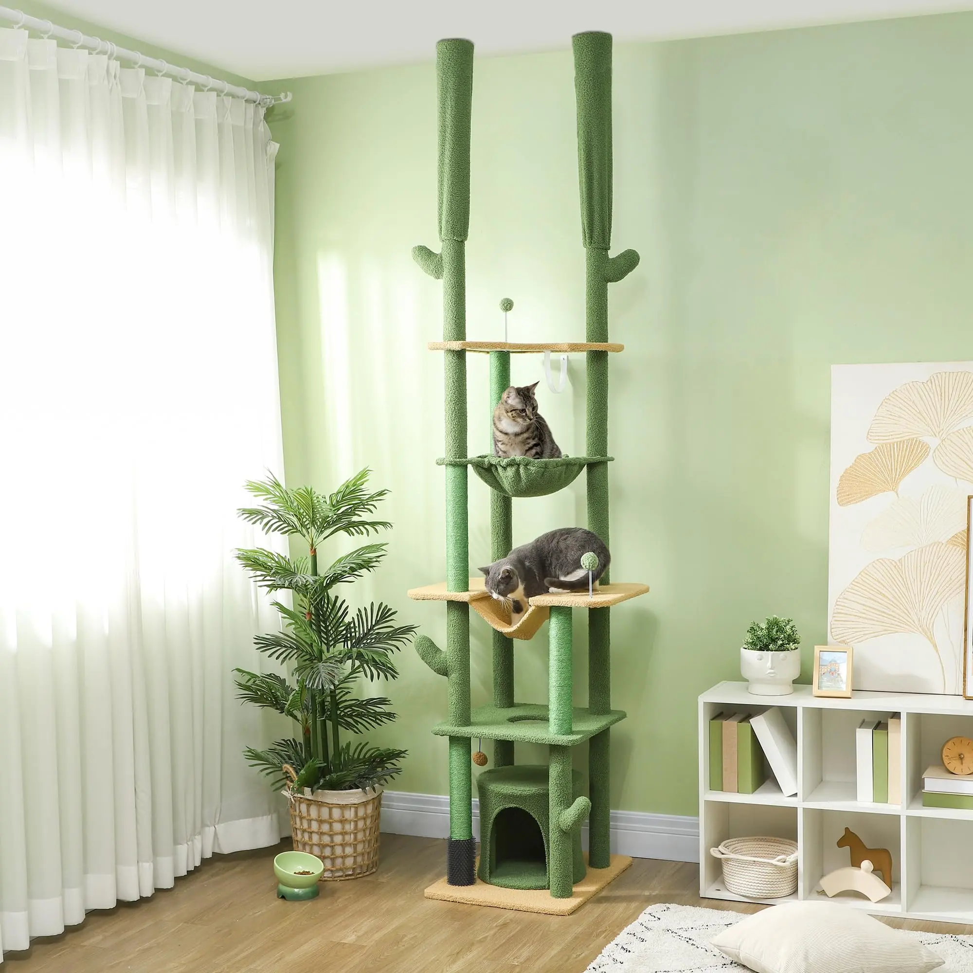 Cactus-Shaped Cat Tree Tower Suitable for Small Spaces - Tall Floor-to-Ceiling Indoor Climbing Playground with Wood, Space-Saving Vertical Cat Furniture for Multi-Level Climbing, Scratching & Resting for Small Apartments
