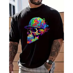 Men'S Skull Print Round Neck Short Sleeve Casual T-Shirt, Summer