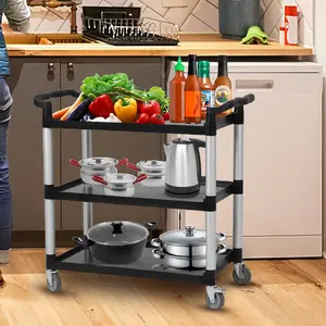 Heavy Duty 3-Tier Utility Service Cart with Lockable Swivel Wheels, 450lbs Capacity Rolling Push Cart with Metal Frame & Handles, Multi-Functional Storage Organizer for Kitchen, Garage, Office & Restaurant, Commercial Grade Plastic, Black