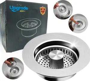 Upgraded 3 in 1 Kitchen Sink Drain Strainer - Stainless Steel Sink Stopper, Anti-Clogging Sink Food Catcher Basket, Fast Drainage Odor Filter Sink Plug for US Standard 3 1/2 inch Drain (Silver-1Pack)