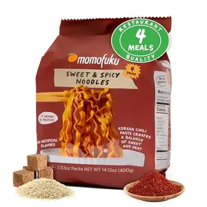 Momofuku Sweet and Spicy Noodles Ramen Noodles by David Chang, 4 Pack of Restaurant Quality Air-Dried Instant Noodles Now with More Sauce & 10g of Protein