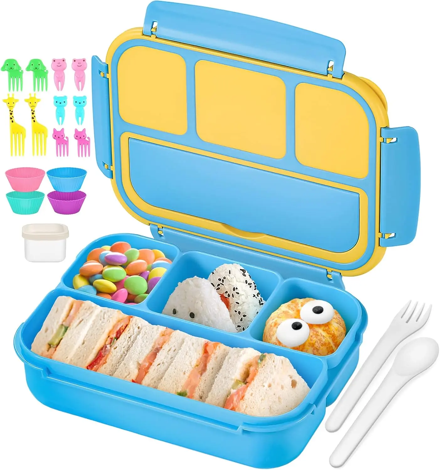 Bento Lunch Box for Kids Girls Boys, Toddler Kids Lunch Boxes for School, Lunch Containers for Adults with 4 Compartments, Sauce Container, Utensils, Food Picks and Muffin Cups, Blue