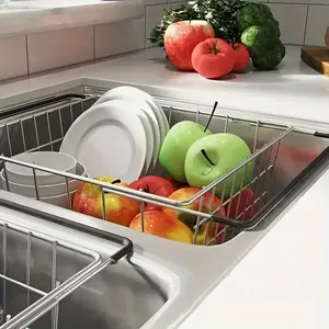 Stainless steel draining basket sink multi-functional extendable dish and fruit and vegetable draining rack kitchenware storage rack kitchen shelf