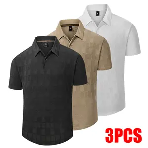 Men's 3 Pack Textured Checkered Polo Shirts, Casual Short Sleeve Jacquard Golf Polos, Stylish Everyday Shirts for Business Casual & Daily Wear