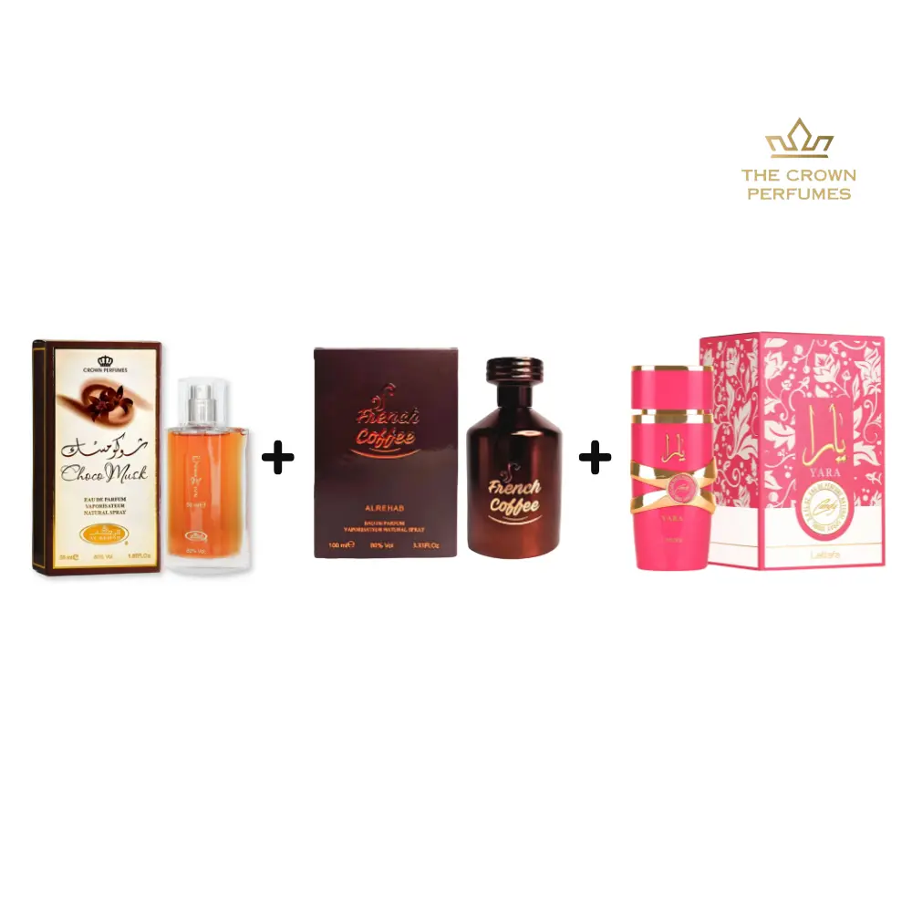 Lattafa Yara Unisex Fragrance & Cologne Multi-Pack Bundle - Choco Musk, French Coffee, Yara Candy Perfumes (3.4 oz/100ml Each), Sweet Gourmand Set