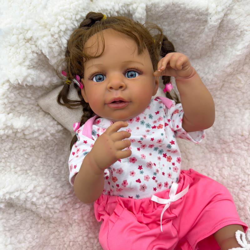 Reborn Baby Doll 23inch Newborn Toddler Dolls African American Soft Silicone Vinyl Dolls Realistic Toddler Child Toy for Kids Age 3+ dark brown baby  doll girl