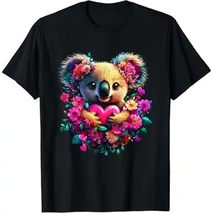 Koala Hearts and Flowers Graphic Valentines Day T-Shirt