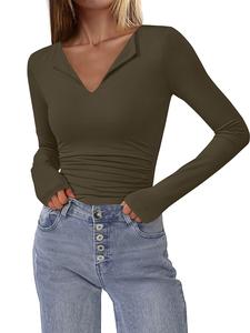 BTFBM Long Sleeve Shirts for Women Fall Fashion V Neck Knit Ruched Slim Fit Casual Basic Tees Going Out Tops Y2k#Clearance