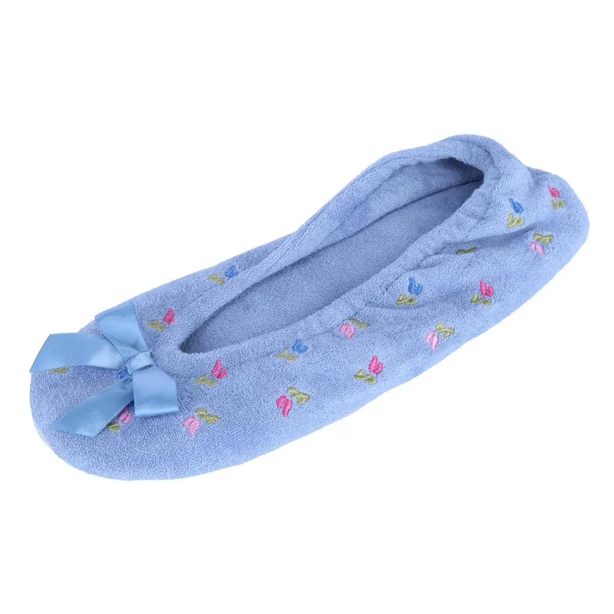 CTM Women's Floral Embroidered Terry Ballerina Slipper House Shoe, Ballerina Slippers
