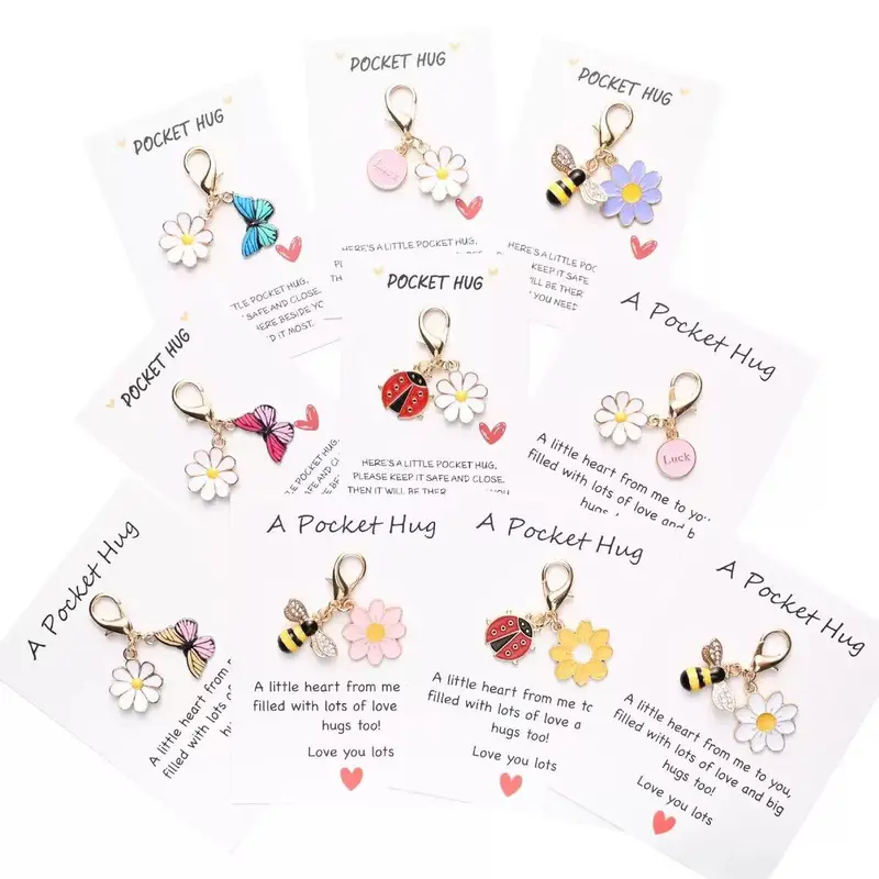 Set of 10  Pocket Hug Favors -Employee Appreciation Gifts Bulk for Coworkers with Exquisite keyring Pun NoteCards Quality Resin Butterfly Ladybird Flower Bee ，FavorsDurable Card