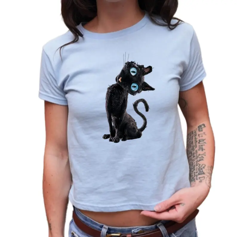 Coraline Black Cat Baby Tee, Retro Movie Tops, Cute Film Shirt, Gift for Cat Lovers, Trendy Y2K Clothing Womenswear