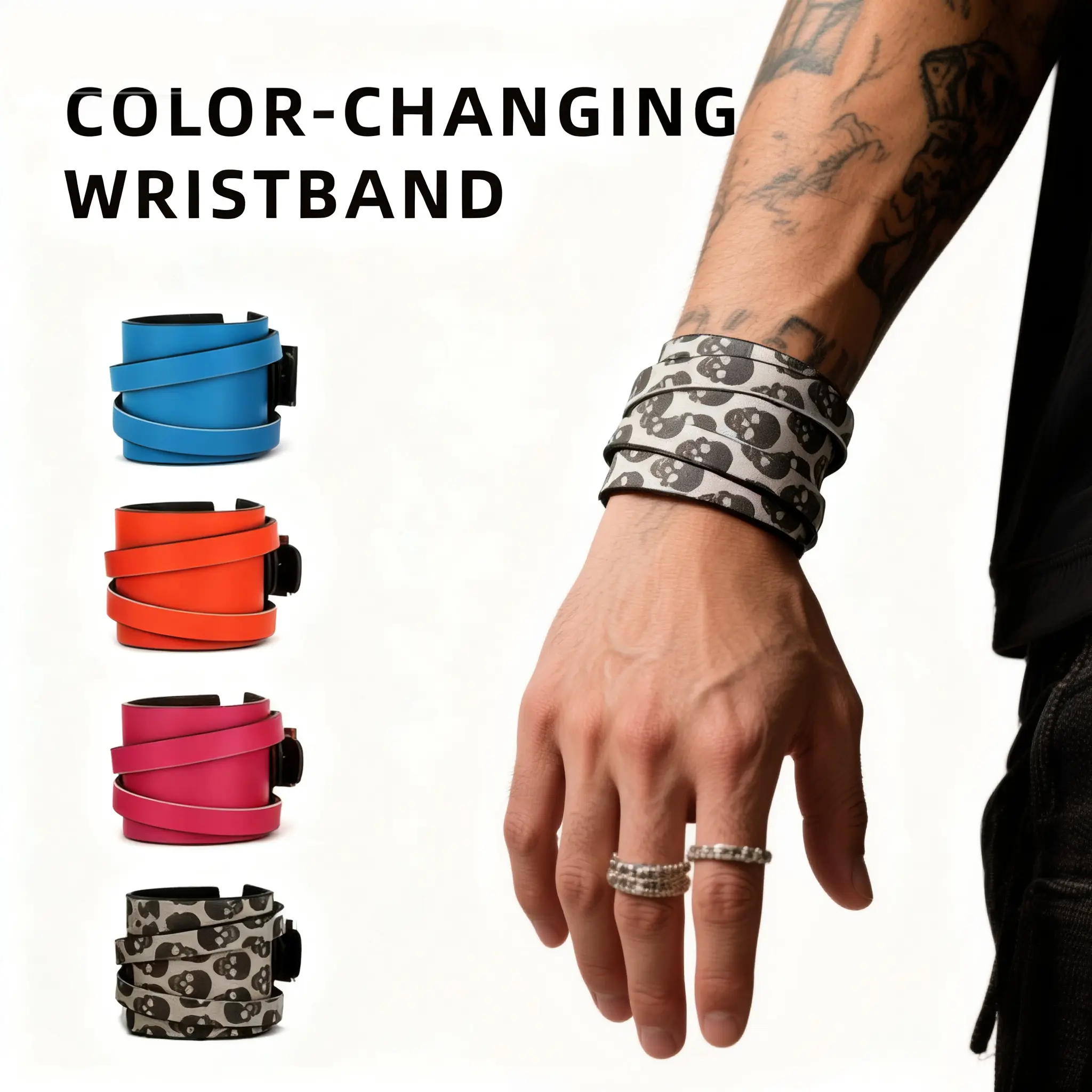 Temperature Sensing Color Changing Bracelet, Unisex Punk PU Leather Wide Cuff with Skull Print, Adjustable Jewelry for Role Play, Thermal, Bangle, Casual, Cosplay Accessory, Daily, Party