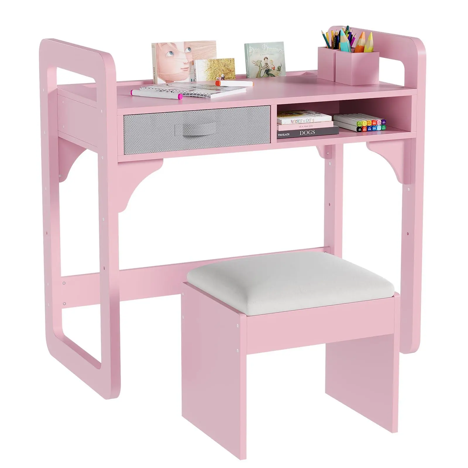 GAOMON Ergonomic Adjustable Height Kids Wooden Desk and Chair Set - 21"-25" Height Range, 100 lbs Capacity, Waterproof Cloth Drawers, Padded Stool, Durable, Easy to Assemble - Ideal for 3-8 Years Learning - Pink Indoor Furniture for Bedroom
