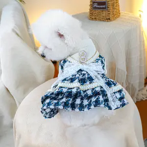 Cute Blue Royal Dress for Small Dogs, Thick Warm Autumn Winter Pet Clothes, Elegant Formal for Teddy Bichon Pomeranian Yorkie Clothing, Costumes