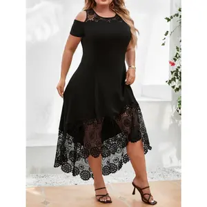 Plus Size Asymmetric Lace Patchwork Mid-Stretch Off-Shoulder Dress
