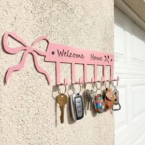 Pink Bow Welcome Home Key Hook for Wall Pink Bathroom Decor Cute Bow Towel Hooks Coquette Welcome Home Sign Key Holder Wall Mounted Racks 6 Coat Hanger for Bedroom Kitchen Entryway