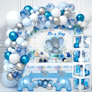 155count Elephant Baby Shower Decorations for Boy Baby Boxes with Letters Blue Balloon Garland Kit It's a Boy Backdrop Tablecloth Star Elephant Kid Birthday Party Supplies Baby Boy Shower Decor